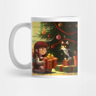 Little Girl and Black Cat on Christmas Morning Mug